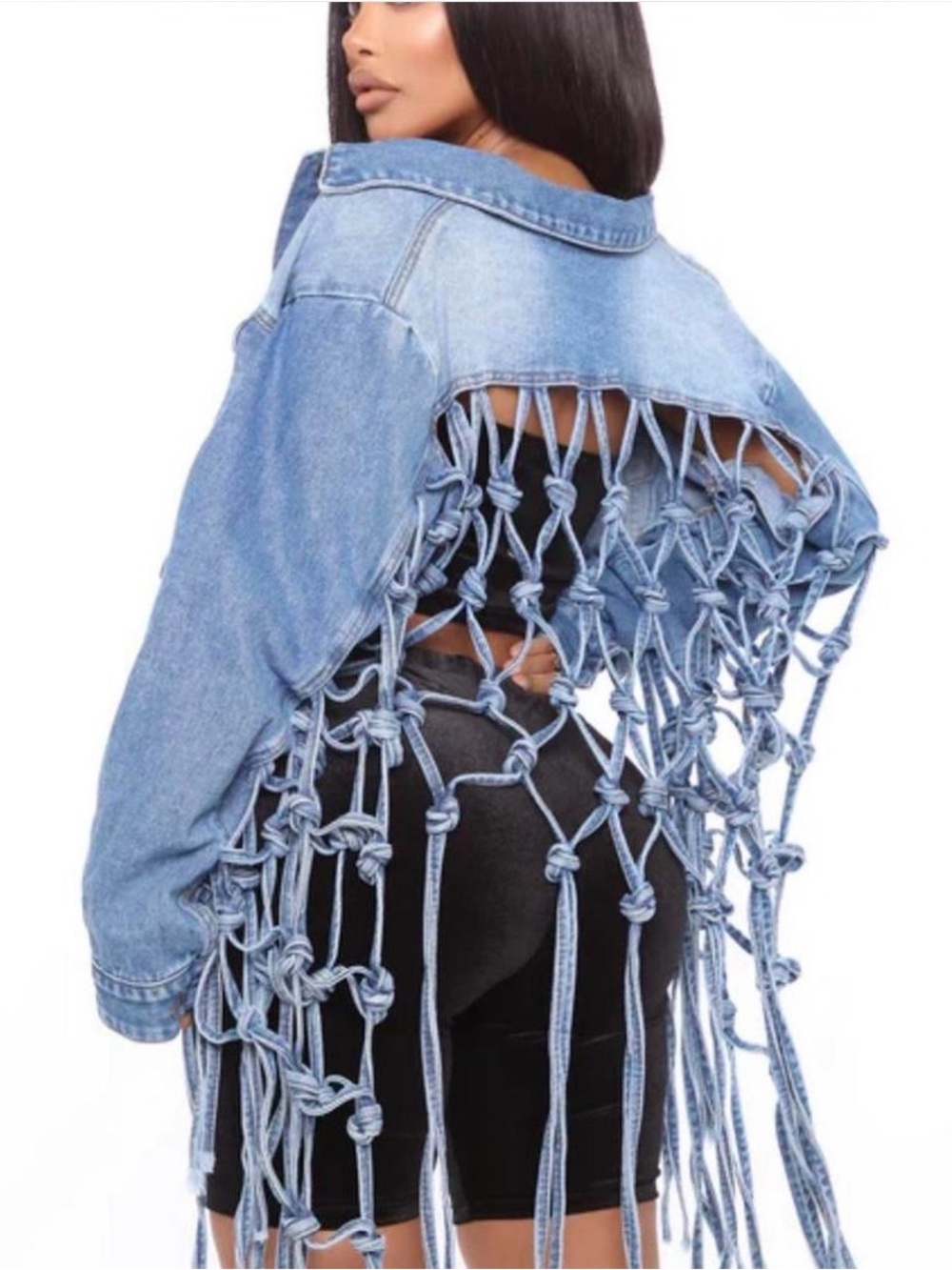 Frayed Rope-Back Denim Jacket - Light Blue